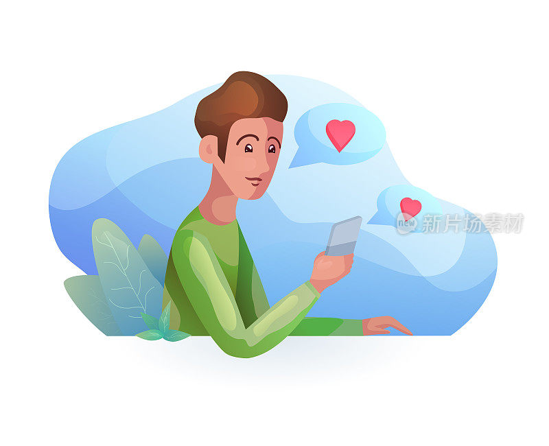 Man talking on the phone in  modern style. Acquaintance by phone. Relationships at a distance. Vector element